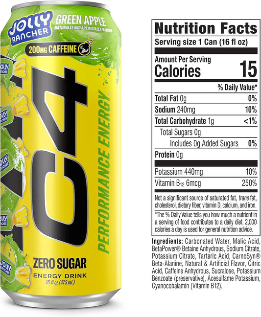 Performance Energy Drink, Jolly Rancher Green Apple, Zero Sugar Carbonated Preworkout Energy, 200Mg Caffeine with Beta Alanine, 16 Fl Oz (12 Pack)