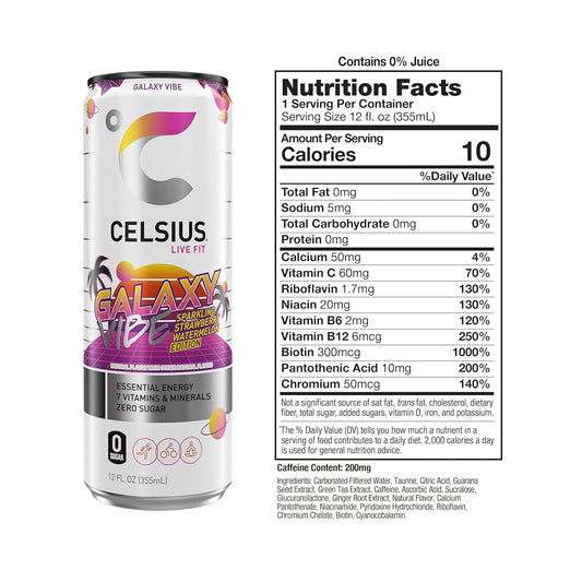 GALAXY VIBE Sparkling Strawberry Watermelon, Sugar Free Energy Drink, 12 Fl Oz (Pack of 12)