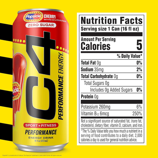 Performance Energy Drink, Cherry Popsicle, Zero Sugar Carbonated Preworkout Energy, 200Mg Caffeine with Beta Alanine, 16 Fl Oz (12 Pack)