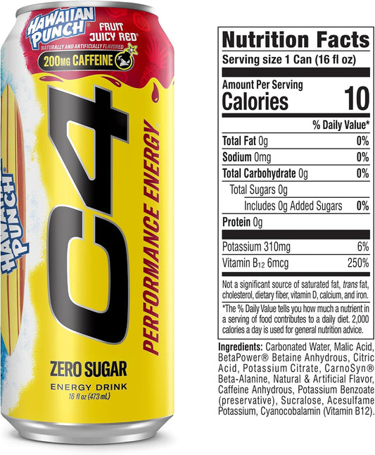 Energy Drink, Hawaiian Punch Fruit Juicy Red, Carbonated Sugar Free Pre Workout Performance Drink with No Artificial Colors or Dyes, 16Oz Pack of 12
