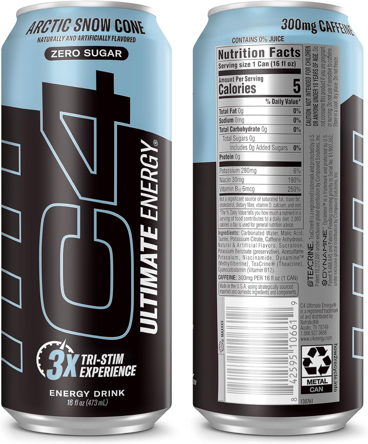 Ultimate Sugar Free Energy Drink 16Oz (Pack of 12) | Arctic Snow Cone | Pre Workout Performance Drink with No Artificial Colors or Dyes