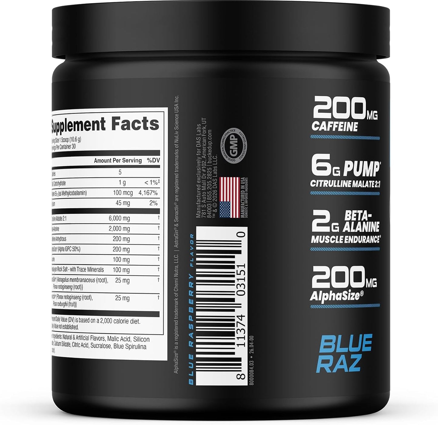 Pre Workout 6 Grams Citrulline, 2 Grams Beta Alanine, and 3 Other Registered Trademarked Ingredients (Blue Raz)
