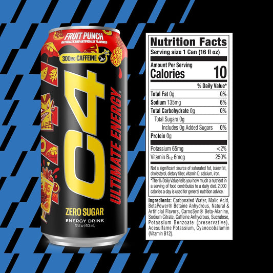Ultimate Zero Sugar Energy Drink, Tri-Stim Experience with 300Mg Caffeine + Teacrine + Dynamine, Fruit Punch, 16Oz (Pack of 12)