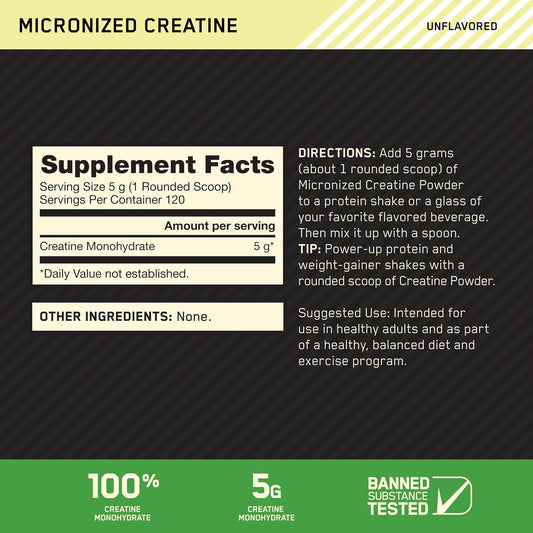 Creatine, Micronized Creatine Monohydrate Powder, Supports Strength & Recovery, Banned Substance Tested, Unflavored, 5 G per Serving, 120 Servings | 5G Micronized Creatine Monohydrate Powder per Serving, Supports Muscle Strength & Power, Easy Mixing, Banned Substance Tested