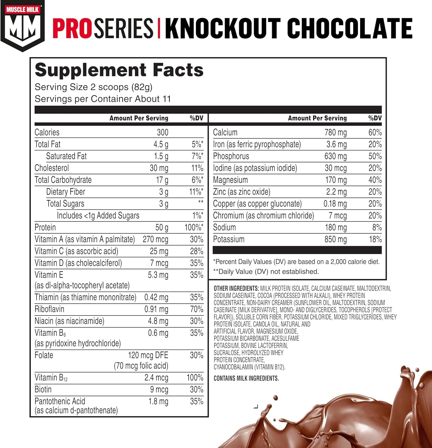 Muscle Milk Pro Series Protein Powder Supplement,Knockout Chocolate,2 Pound,11 Servings,50G Protein,3G Sugar,20 Vitamins & Minerals,Nsf Certified for Sport,Workout Recovery,Packaging May Vary