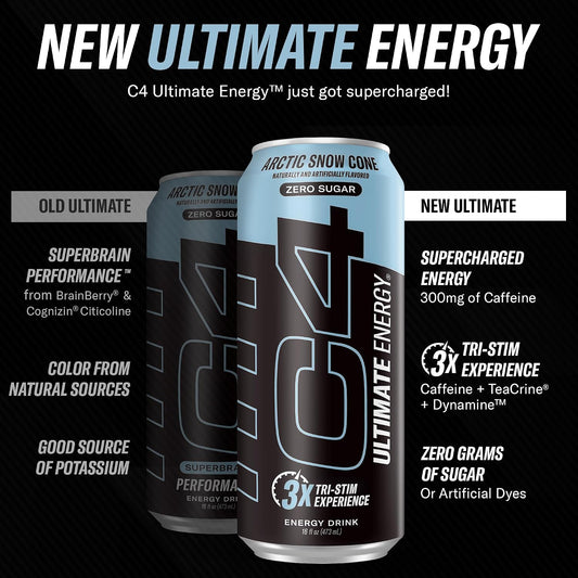 Ultimate Sugar Free Energy Drink 16Oz (Pack of 12) | Arctic Snow Cone | Pre Workout Performance Drink with No Artificial Colors or Dyes