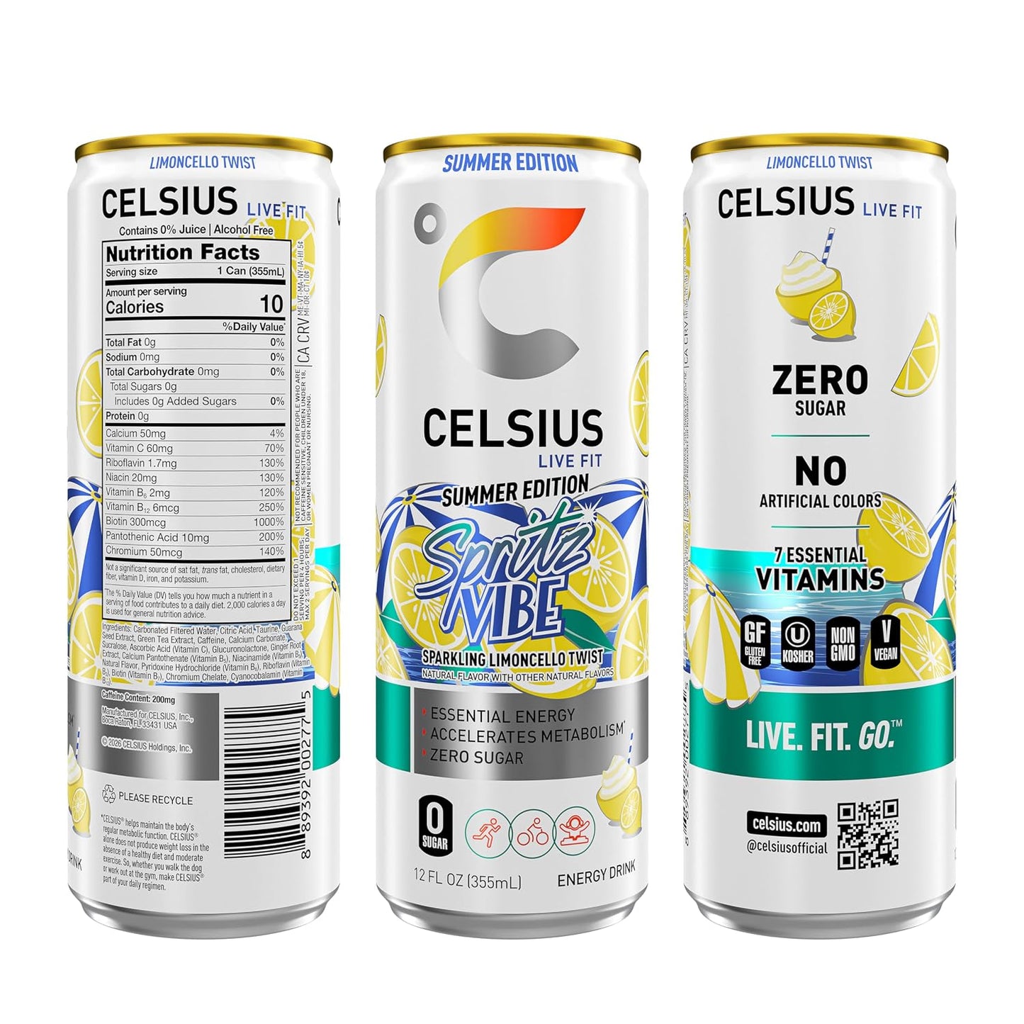 Sparkling Spritz Vibe Summer Edition, Sugar Free Energy Drink, 12 Fl Oz (Pack of 12)