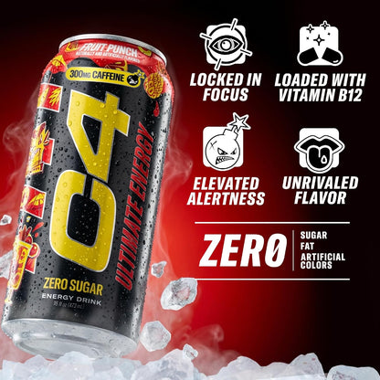 Ultimate Zero Sugar Energy Drink, Tri-Stim Experience with 300Mg Caffeine + Teacrine + Dynamine, Fruit Punch, 16Oz (Pack of 12)