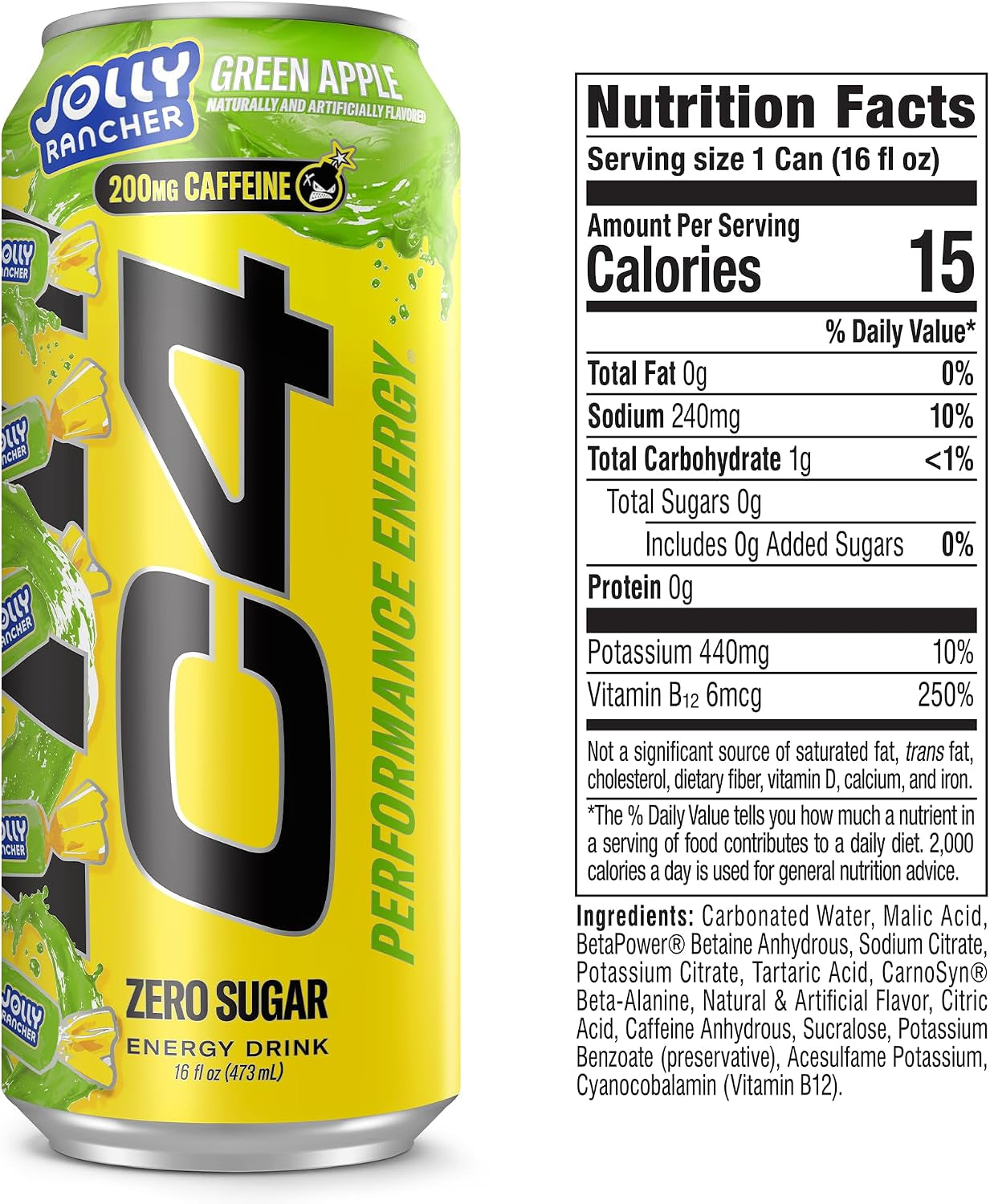 Performance Energy Drink, Jolly Rancher Green Apple, Zero Sugar Carbonated Preworkout Energy, 200Mg Caffeine with Beta Alanine, 16 Fl Oz (12 Pack)