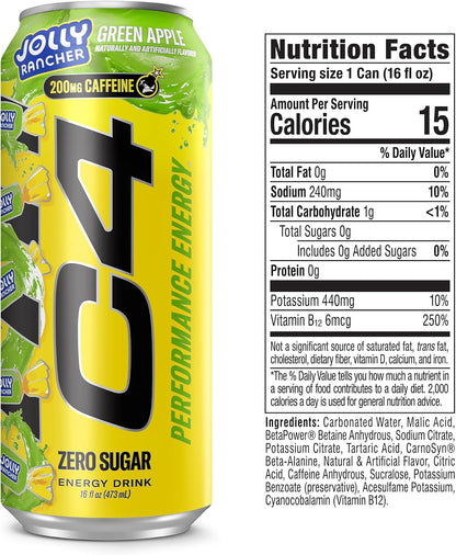 Performance Energy Drink, Jolly Rancher Green Apple, Zero Sugar Carbonated Preworkout Energy, 200Mg Caffeine with Beta Alanine, 16 Fl Oz (12 Pack)