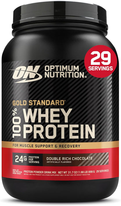 Gold Standard Whey Protein, Double Rich Chocolate, 2 LB | 24G of 100% Whey Protein Powder per Serving, with Bcaas, Gluten Free, Banned Substance Tested, Easy Mixing, Muscle Support