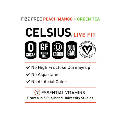 Fizz Free Peach Mango Green Tea, Sugar Free Energy Drink, 12 Fl Oz (Pack of 12)
