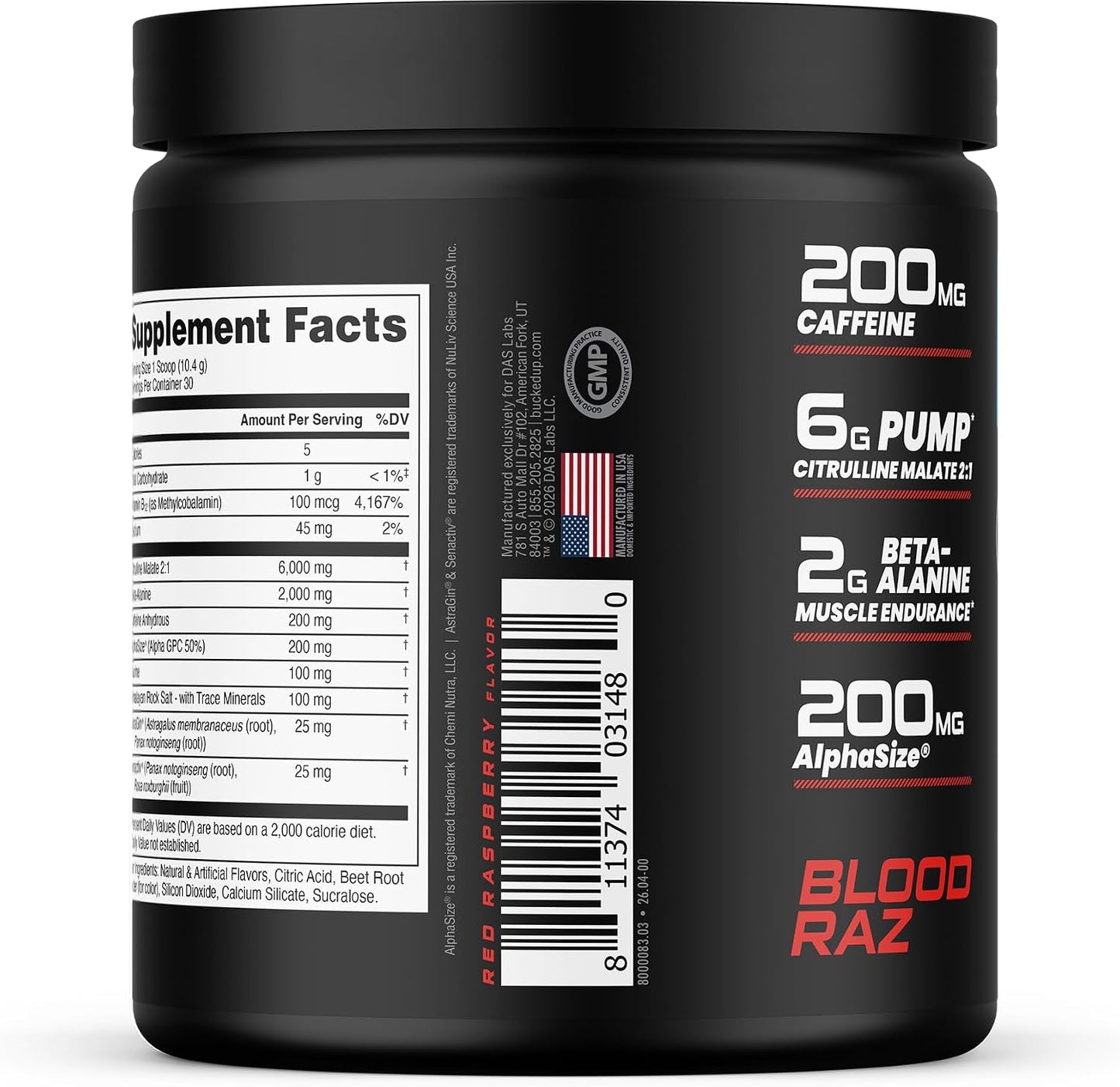 Pre Workout 6 Grams Citrulline, 2 Grams Beta Alanine, and 3 Other Registered Trademarked Ingredients (Red Raz)