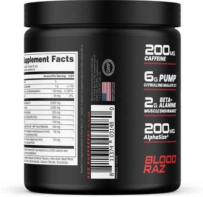 Pre Workout 6 Grams Citrulline, 2 Grams Beta Alanine, and 3 Other Registered Trademarked Ingredients (Red Raz)