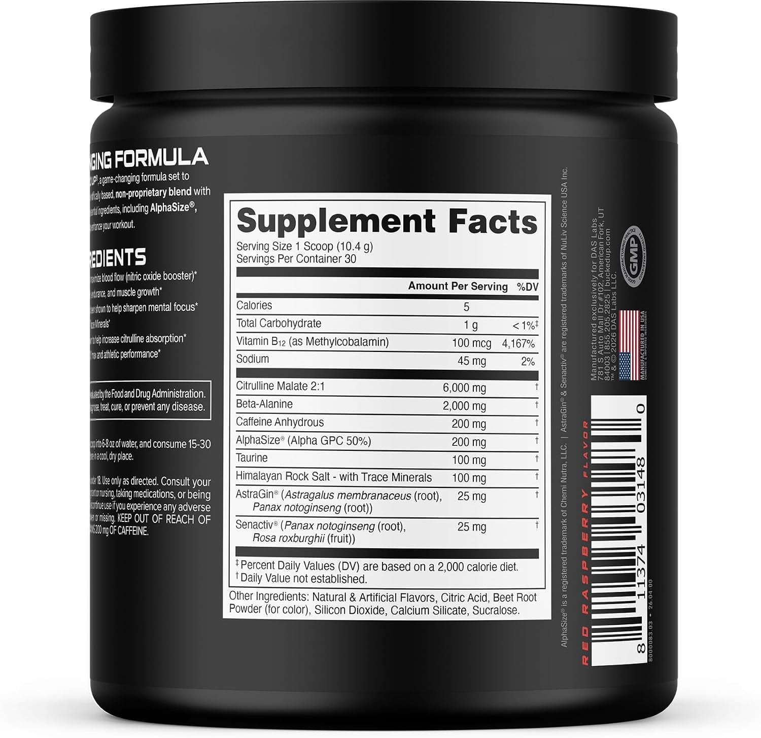 Pre Workout 6 Grams Citrulline, 2 Grams Beta Alanine, and 3 Other Registered Trademarked Ingredients (Red Raz)