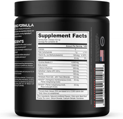 Pre Workout 6 Grams Citrulline, 2 Grams Beta Alanine, and 3 Other Registered Trademarked Ingredients (Red Raz)