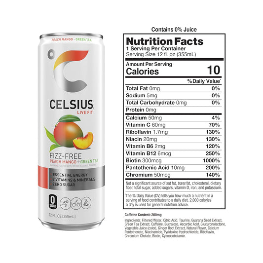 Fizz Free Peach Mango Green Tea, Sugar Free Energy Drink, 12 Fl Oz (Pack of 12)