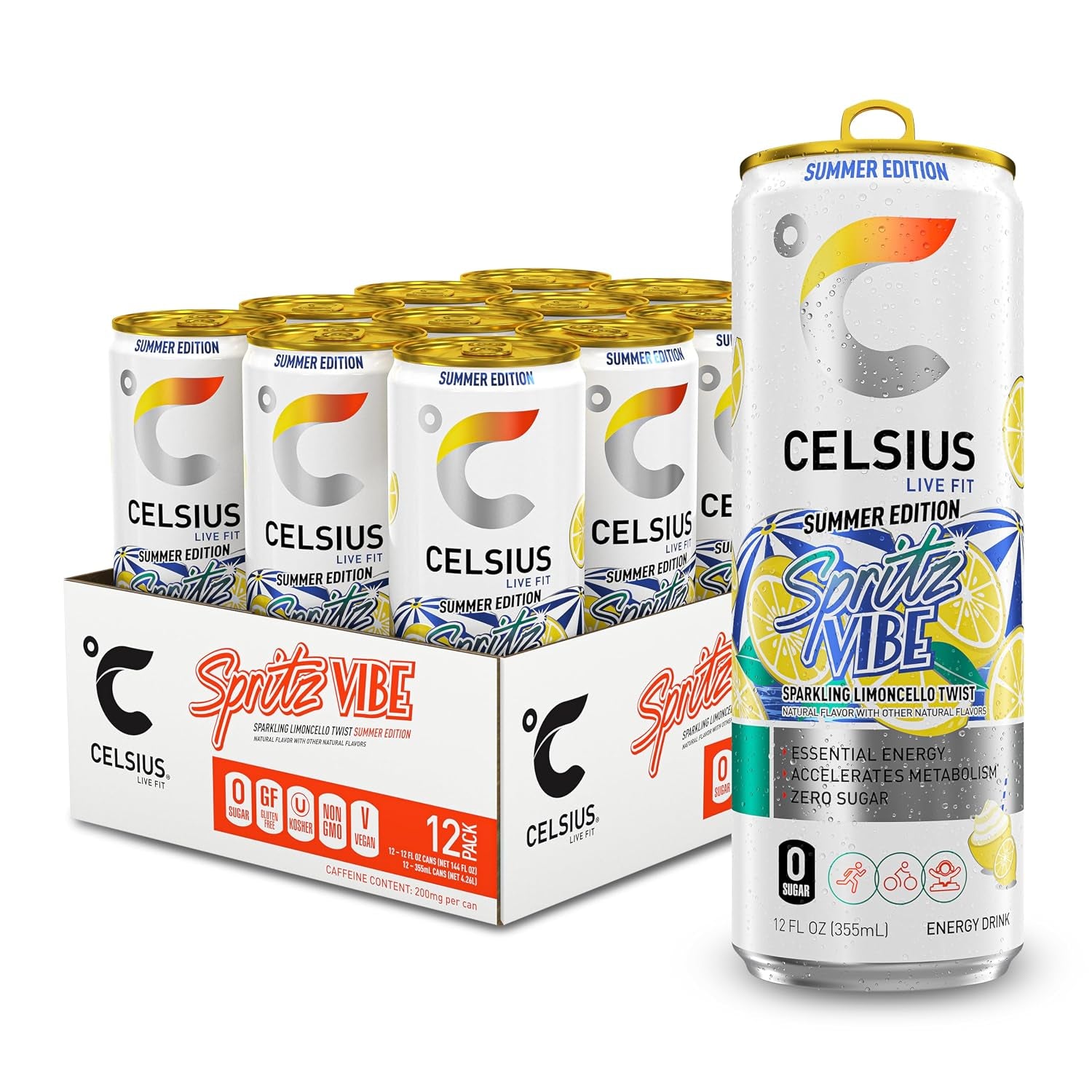 Sparkling Spritz Vibe Summer Edition, Sugar Free Energy Drink, 12 Fl Oz (Pack of 12)