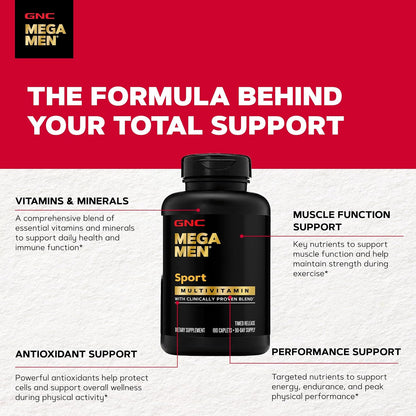 GNC Mega Men Sport Multivitamin for Men | Performance, Muscle Function, and General Health | 180 Count
