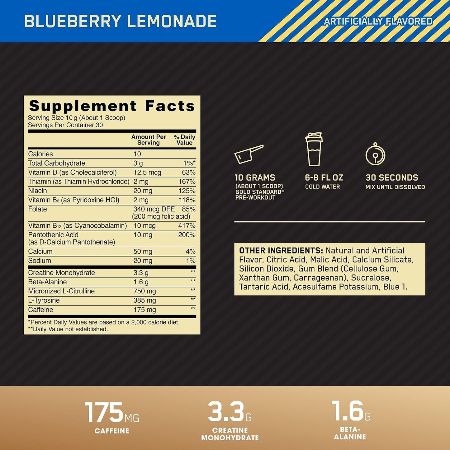 Gold Standard Pre-Workout, Vitamin D for Immune Support, with Creatine, Beta-Alanine, and Caffeine for Energy, Keto Friendly, Blueberry Lemonade, 30 Servings (Packaging May Vary)