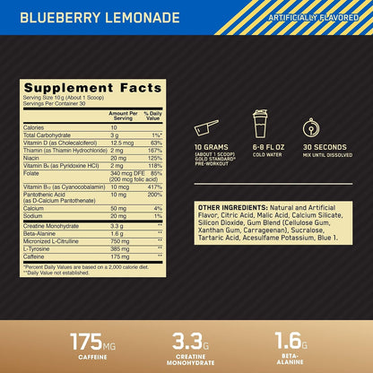 Gold Standard Pre-Workout, Vitamin D for Immune Support, with Creatine, Beta-Alanine, and Caffeine for Energy, Keto Friendly, Blueberry Lemonade, 30 Servings (Packaging May Vary)