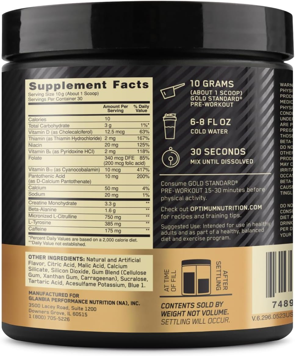 Gold Standard Pre-Workout, Vitamin D for Immune Support, with Creatine, Beta-Alanine, and Caffeine for Energy, Keto Friendly, Blueberry Lemonade, 30 Servings (Packaging May Vary)