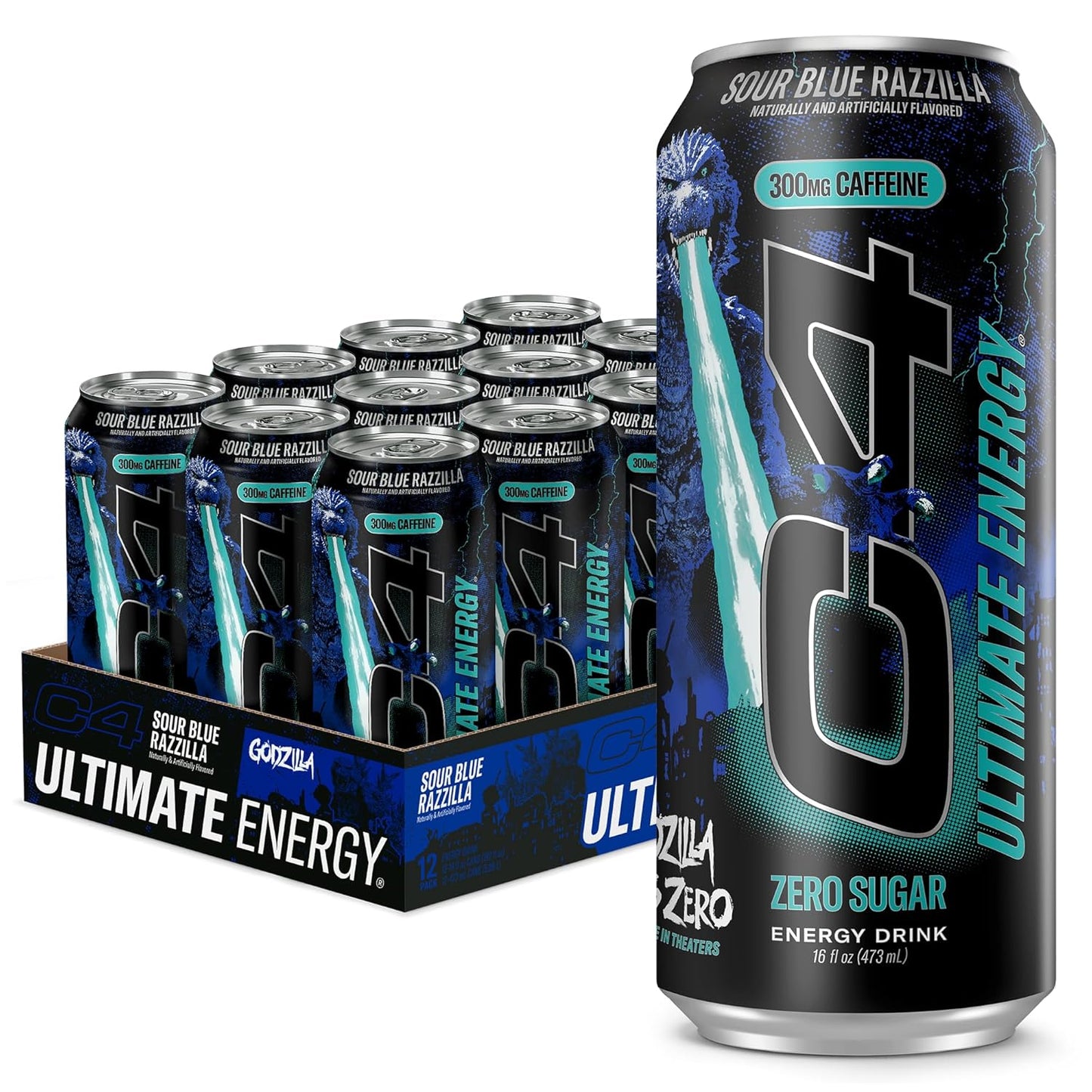 Ultimate Energy Drink, 300Mg Caffeine, Zero Sugar, High-Performance Energy for Pre-Workout, Endurance, and Focus, Sour Blue Razzilla, 16Oz (Pack of 12)
