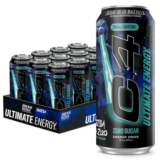 Ultimate Energy Drink, 300Mg Caffeine, Zero Sugar, High-Performance Energy for Pre-Workout, Endurance, and Focus, Sour Blue Razzilla, 16Oz (Pack of 12)