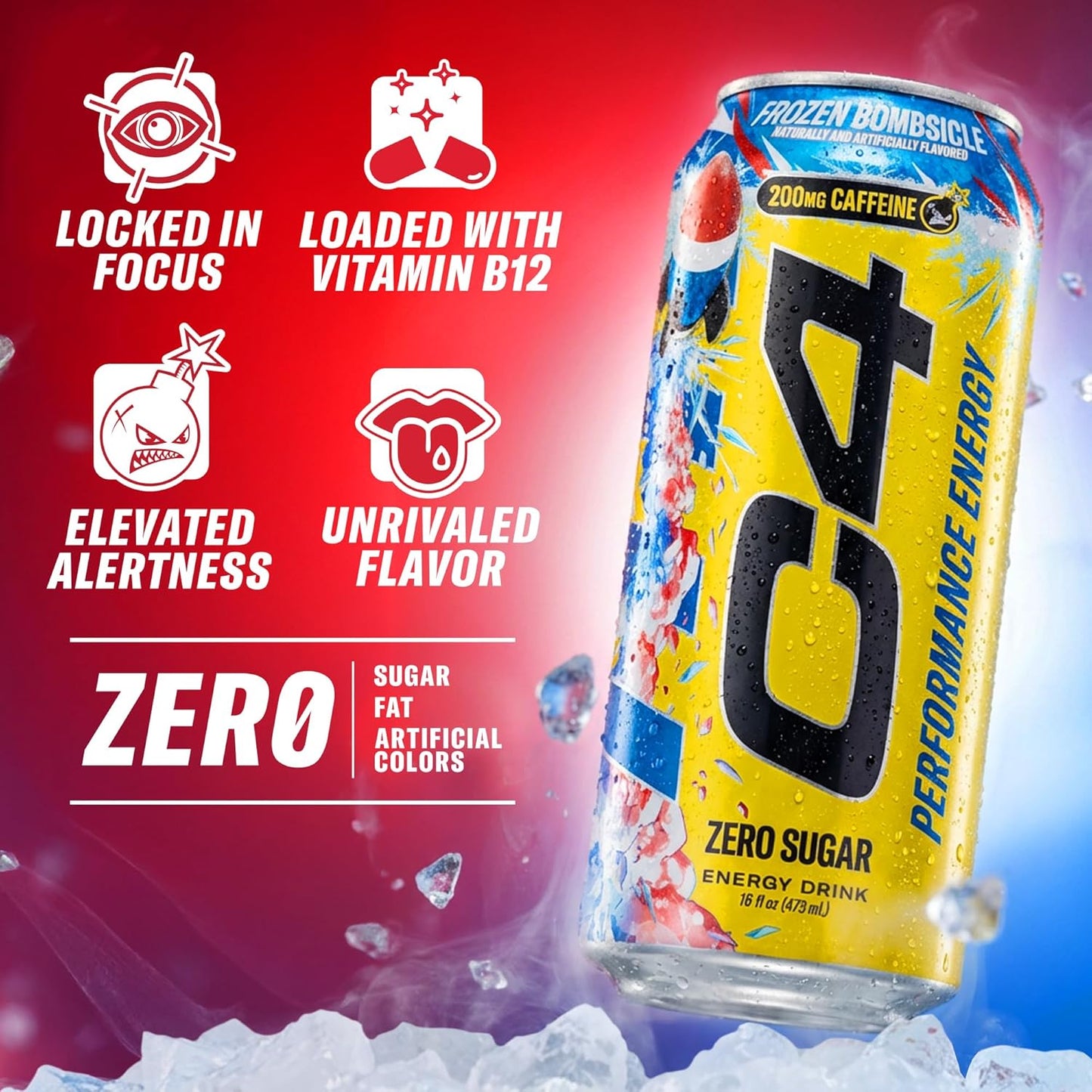 Energy Carbonated Zero Sugar Energy Drink, 200Mg Caffeine Frozen Bombsicle, 16 Fl Oz (Pack of 12)