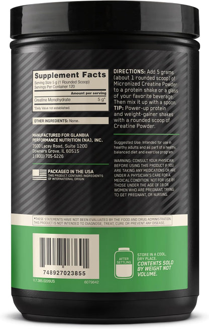 Creatine, Micronized Creatine Monohydrate Powder, Supports Strength & Recovery, Banned Substance Tested, Unflavored, 5 G per Serving, 120 Servings | 5G Micronized Creatine Monohydrate Powder per Serving, Supports Muscle Strength & Power, Easy Mixing, Banned Substance Tested
