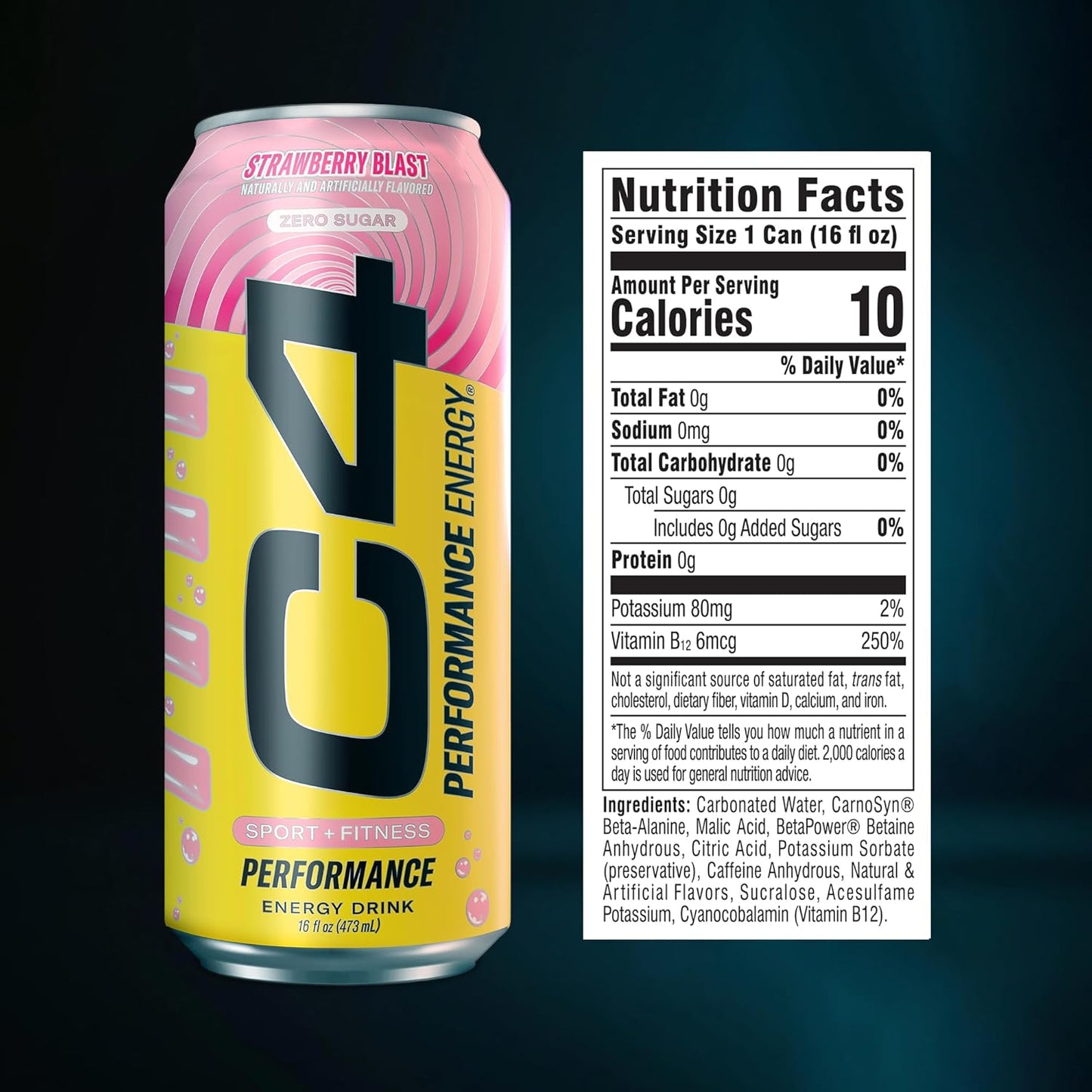 Performance Energy Drink | Strawberry Blast | Zero Sugar Carbonated Preworkout Energy | 200Mg Caffeine with Beta Alanine | 16 Fl Oz (12 Pack)