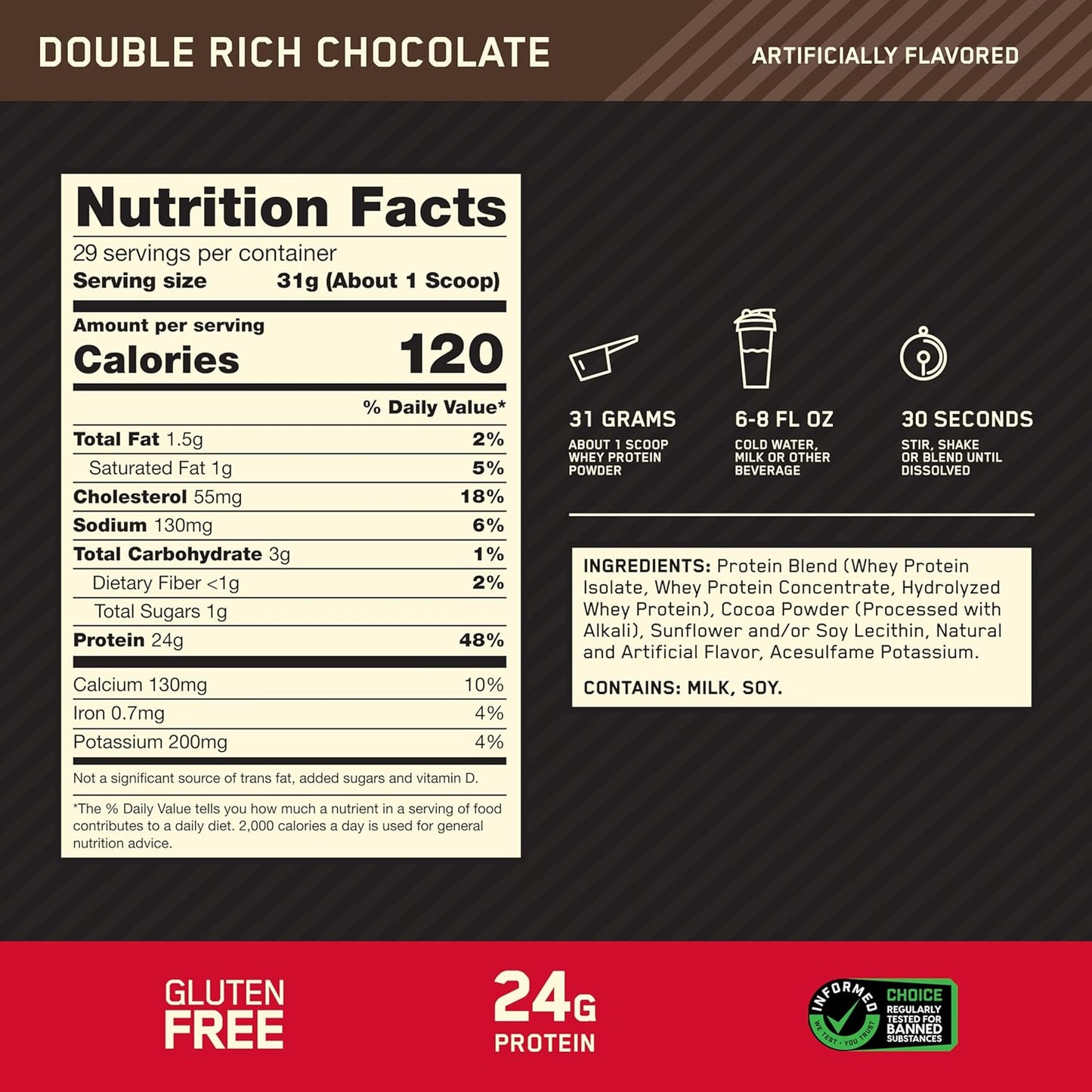 Gold Standard Whey Protein, Double Rich Chocolate, 2 LB | 24G of 100% Whey Protein Powder per Serving, with Bcaas, Gluten Free, Banned Substance Tested, Easy Mixing, Muscle Support