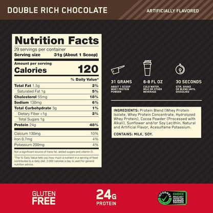 Gold Standard Whey Protein, Double Rich Chocolate, 2 LB | 24G of 100% Whey Protein Powder per Serving, with Bcaas, Gluten Free, Banned Substance Tested, Easy Mixing, Muscle Support