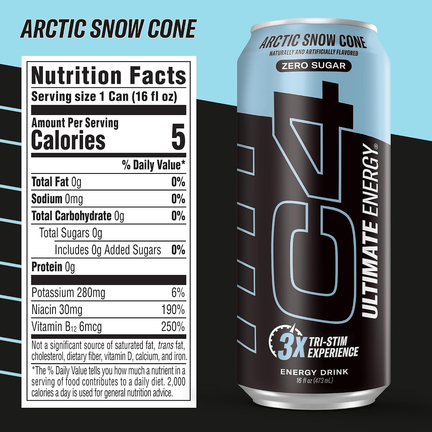 Ultimate Sugar Free Energy Drink 16Oz (Pack of 12) | Arctic Snow Cone | Pre Workout Performance Drink with No Artificial Colors or Dyes