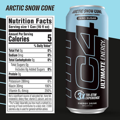 Ultimate Sugar Free Energy Drink 16Oz (Pack of 12) | Arctic Snow Cone | Pre Workout Performance Drink with No Artificial Colors or Dyes