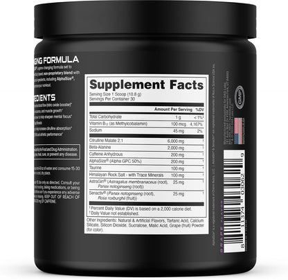Pre Workout 6 Grams Citrulline, 2 Grams Beta Alanine, and 3 Other Registered Trademarked Ingredients (Grape)