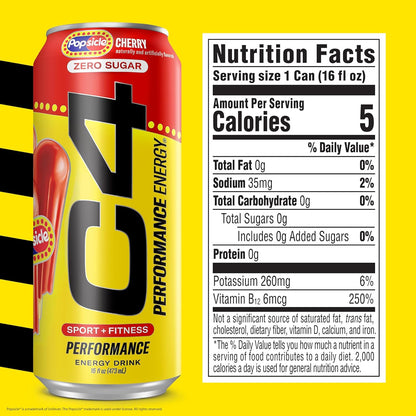 Performance Energy Drink, Cherry Popsicle, Zero Sugar Carbonated Preworkout Energy, 200Mg Caffeine with Beta Alanine, 16 Fl Oz (12 Pack)