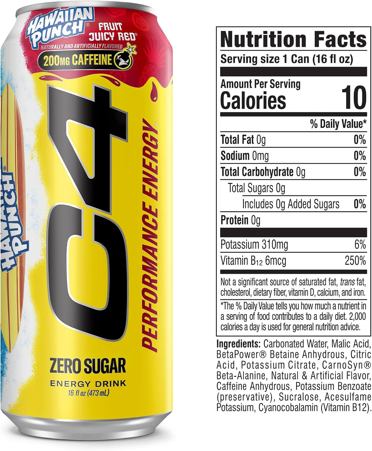 Energy Drink, Hawaiian Punch Fruit Juicy Red, Carbonated Sugar Free Pre Workout Performance Drink with No Artificial Colors or Dyes, 16Oz Pack of 12