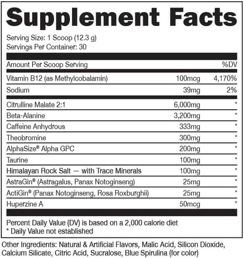 Pre Workout 6 Grams Citrulline, 2 Grams Beta Alanine, and 3 Other Registered Trademarked Ingredients (Blue Raz)