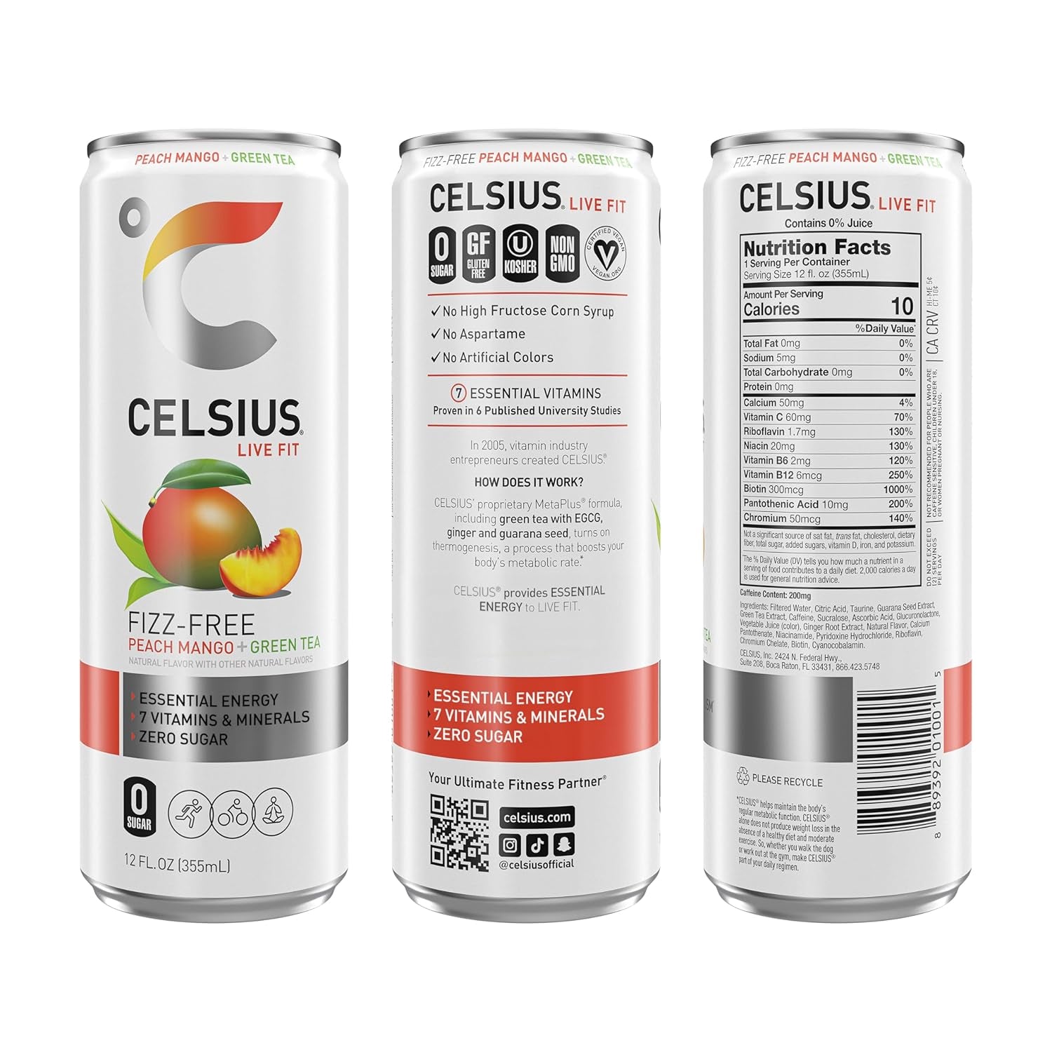 Fizz Free Peach Mango Green Tea, Sugar Free Energy Drink, 12 Fl Oz (Pack of 12)