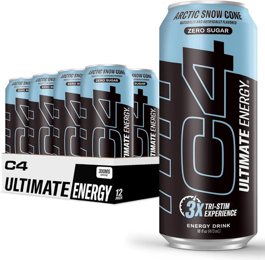 Ultimate Sugar Free Energy Drink 16Oz (Pack of 12) | Arctic Snow Cone | Pre Workout Performance Drink with No Artificial Colors or Dyes