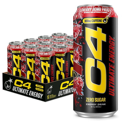Ultimate Energy Drink, 300Mg Caffeine, Zero Sugar, High-Performance Energy for Pre-Workout, Endurance, and Focus, Cherry Bomb Frost, 16Oz (Pack of 12)