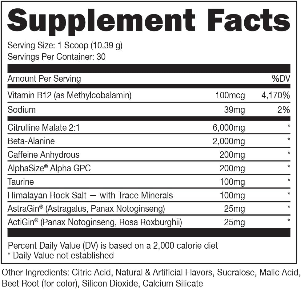Pre Workout 6 Grams Citrulline, 2 Grams Beta Alanine, and 3 Other Registered Trademarked Ingredients (Red Raz)