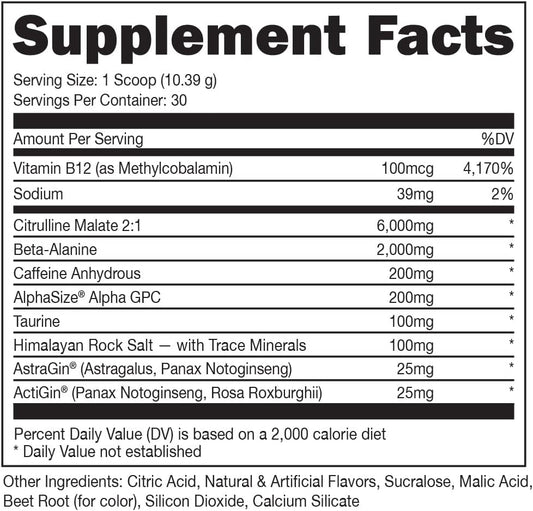 Pre Workout 6 Grams Citrulline, 2 Grams Beta Alanine, and 3 Other Registered Trademarked Ingredients (Red Raz)