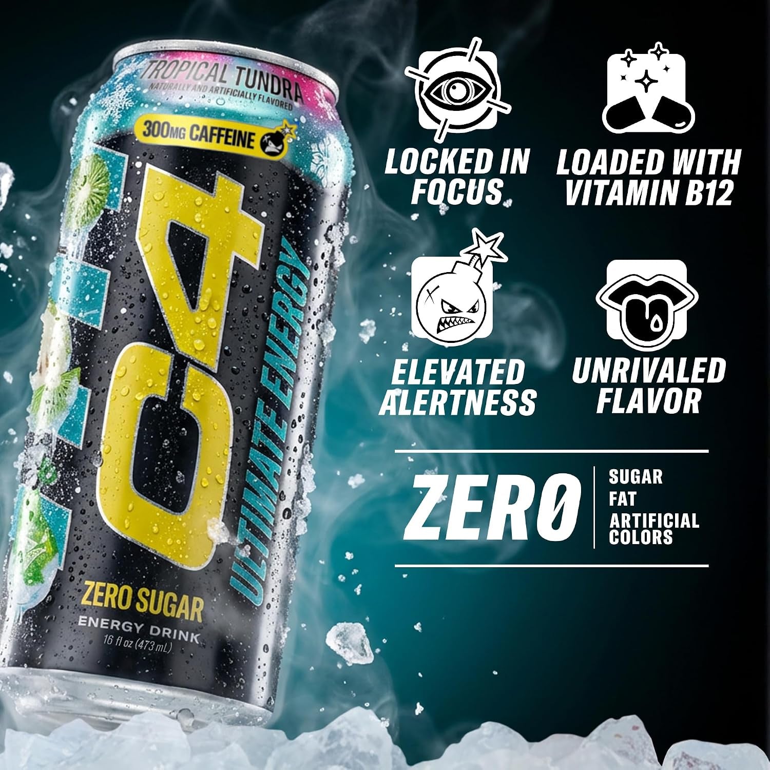 Ultimate Energy Drink, 300Mg Caffeine, Zero Sugar, High-Performance Energy for Pre-Workout, Endurance, and Focus, Tropical Tundra Frost, 16Oz (Pack of 12)