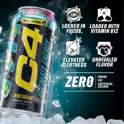 Ultimate Energy Drink, 300Mg Caffeine, Zero Sugar, High-Performance Energy for Pre-Workout, Endurance, and Focus, Tropical Tundra Frost, 16Oz (Pack of 12)