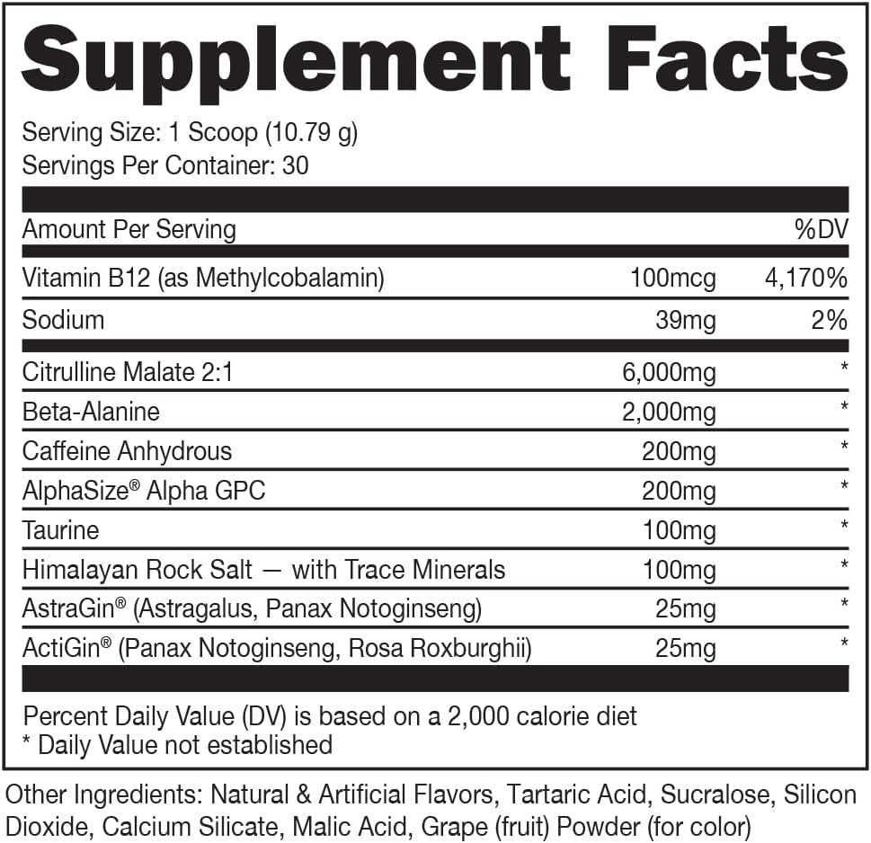 Pre Workout 6 Grams Citrulline, 2 Grams Beta Alanine, and 3 Other Registered Trademarked Ingredients (Grape)