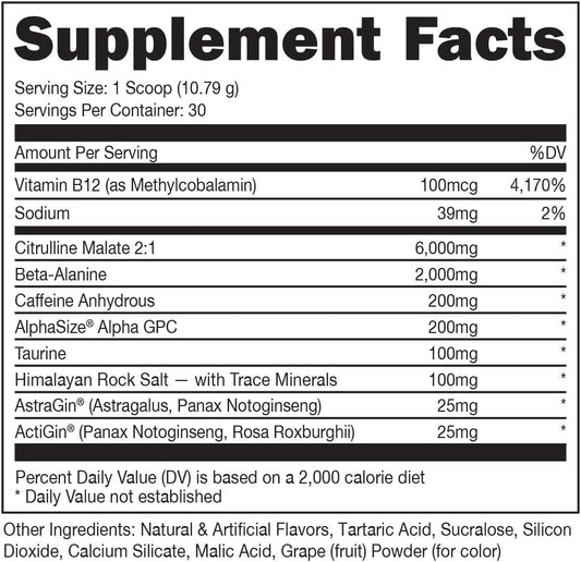 Pre Workout 6 Grams Citrulline, 2 Grams Beta Alanine, and 3 Other Registered Trademarked Ingredients (Grape)