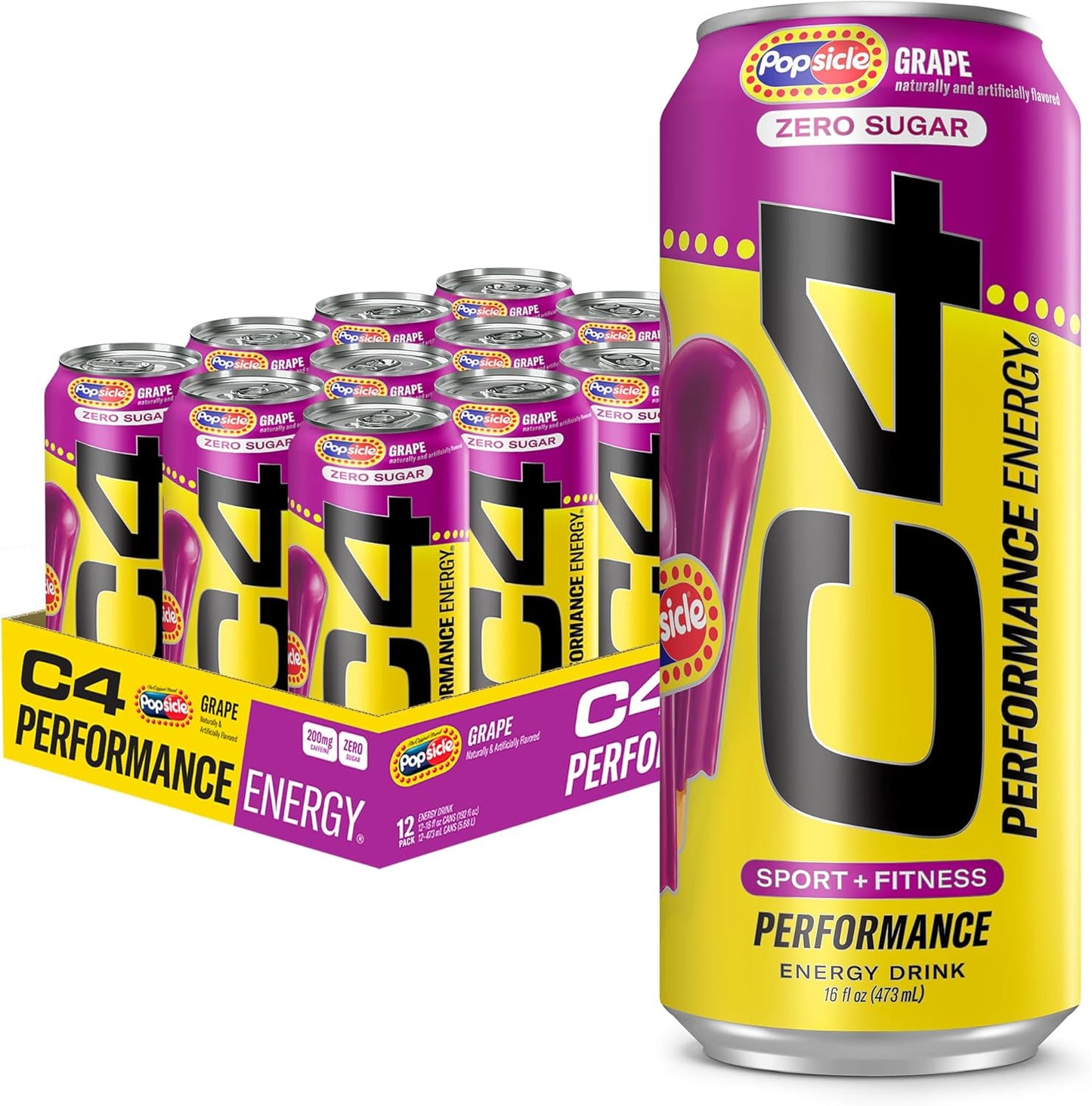 Performance Energy Drink, Grape Popsicle, Zero Sugar Carbonated Preworkout Energy, 200Mg Caffeine with Beta Alanine, 16 Fl Oz (12 Pack) | Carbonated