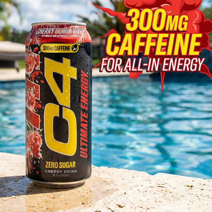 Ultimate Energy Drink, 300Mg Caffeine, Zero Sugar, High-Performance Energy for Pre-Workout, Endurance, and Focus, Cherry Bomb Frost, 16Oz (Pack of 12)